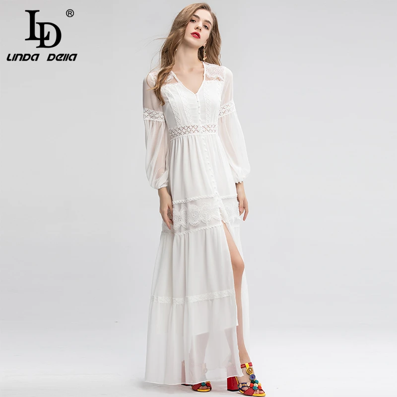 LD LINDA Делла, весеннее модное белое макси платье, женское платье с v-образным вырезом и цветочной вышивкой, длинное платье, вечернее платье