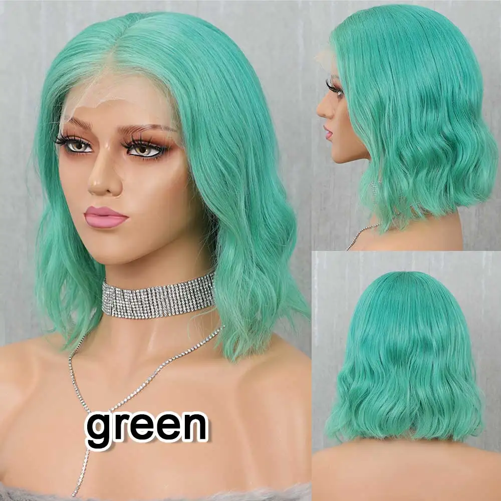 green lace bob wig 13x6 короткий боб Синтетические волосы на кружеве парики из натуральных волос на кружевной Цветной девственные волосы парики предварительно вырезанные 613 блондинка красного/розового/голубого цвета для оранжевые парики из натуральных волос - Цвет волос: green lace bob wig