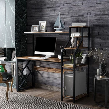 

Home Office Computer Desk With Hutch Shelf Writing Study Table Laptop Desk With 5 Tier Bookshelves Multipurpose PC Workstation