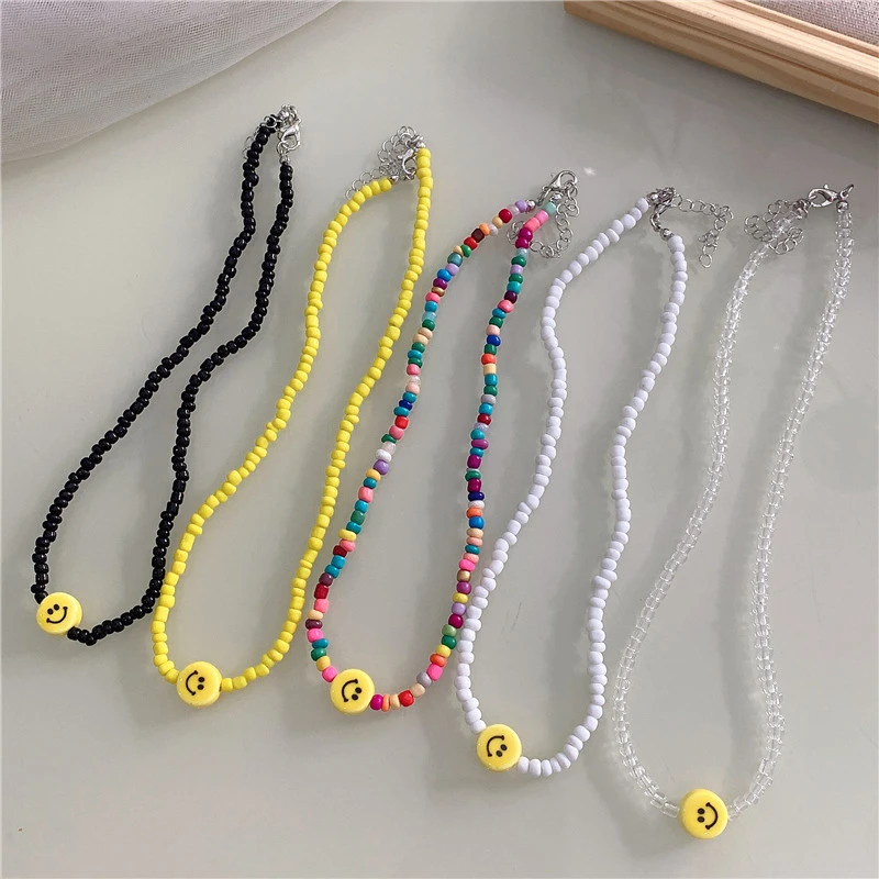 con cuentas colores para mujer, collar con cuentas de colores blanco, amarillo sonriente, plástico, negro, elegante, transparente, fiesta de amigos, joyería para niña y mujer|Collares colgantes| - AliExpress