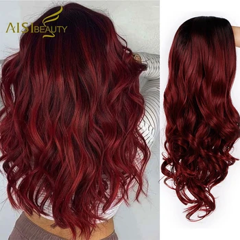 AISI BEAUTY Ombre Long Wavy Red Wigs Blonde Cosplay Synthetic Wigs Female Daily Party Heat Resistant Grey Brown Black False Hair 1