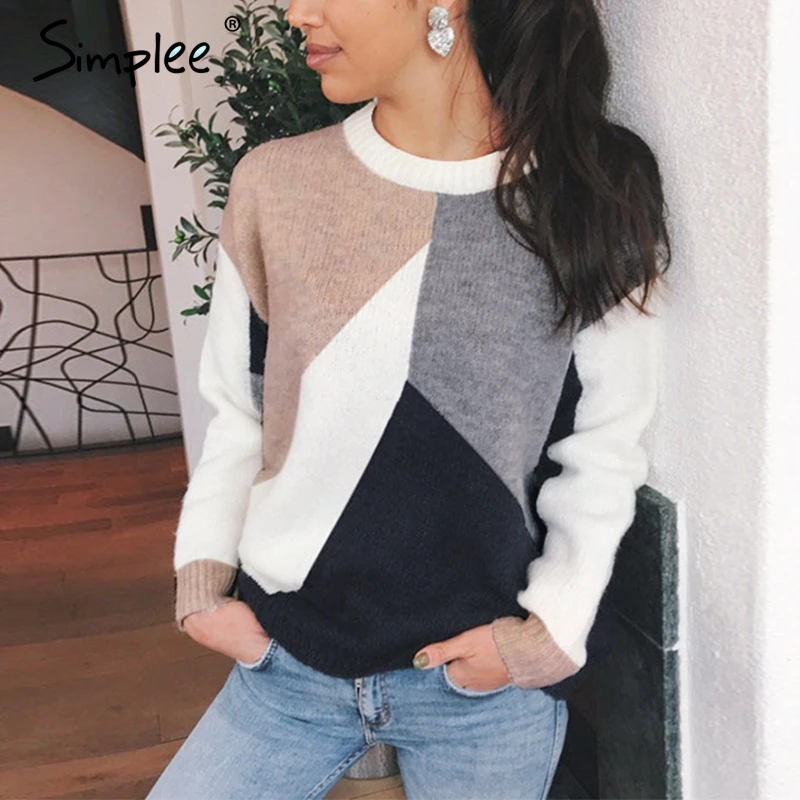 Ceny Simplee patchworkowy w stylu casual swetry sweter z dzianiny o neck z długim rękawem kobiet sweter 2019 anglia panie elegancki ciepły zimowy sweter