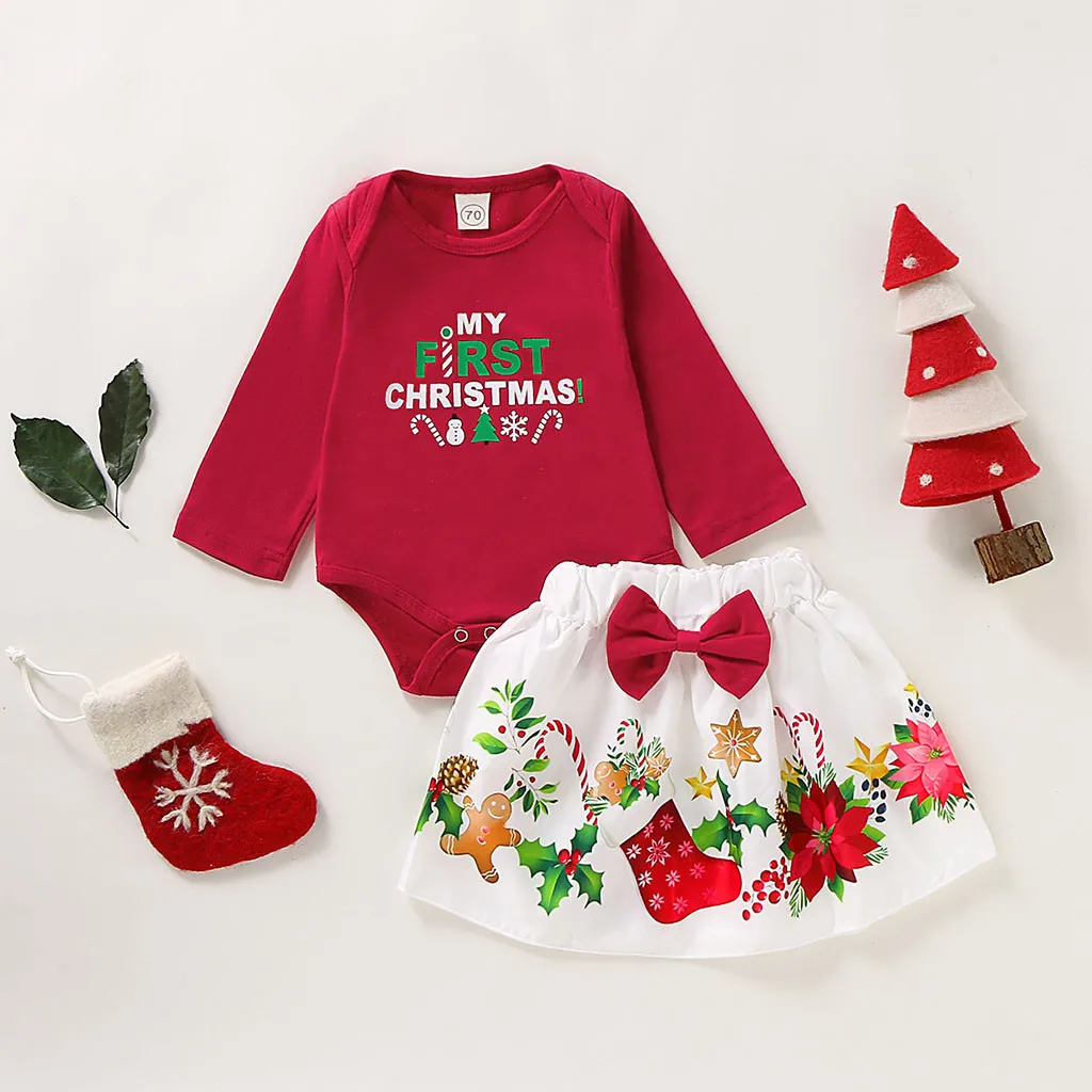 Мой первый Рождественский комплект для маленьких девочек, комбинезон с принтом рождественских букв и длинными рукавами+ юбки с мультипликационным рисунком
