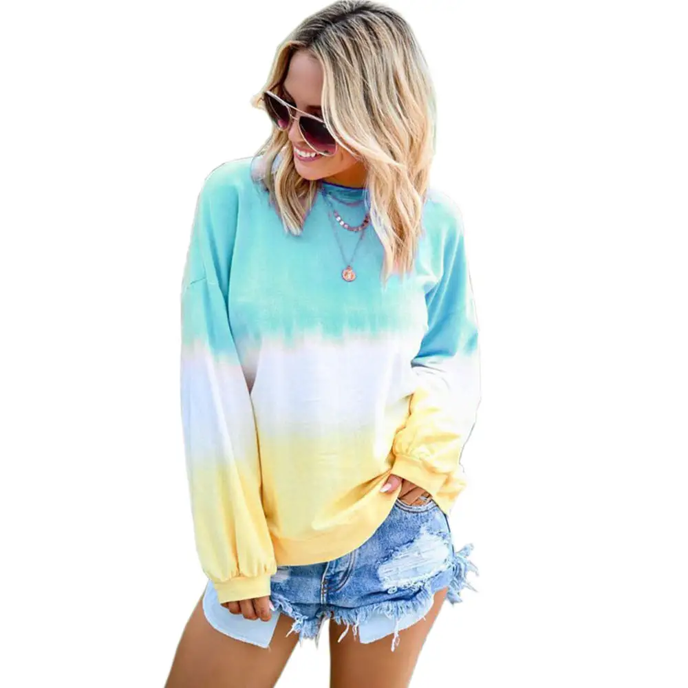 Womens Casual Gradient Long Sleeve T-Shirt Colorblock Block Tie Dye Printed Pullover 3