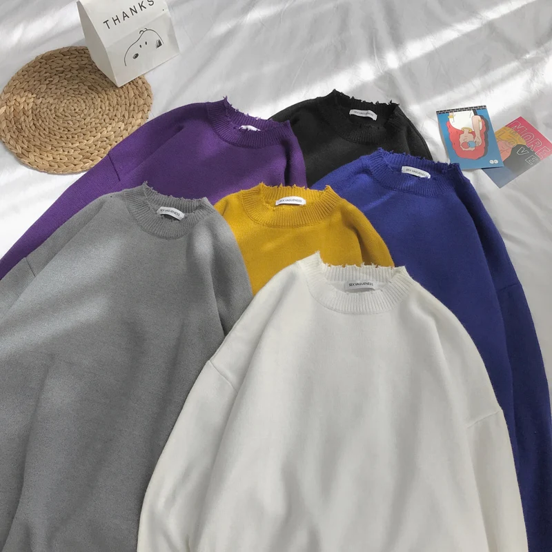 Autumn Sweater Men Warm Fashion Solid Color Casual O-neck Knit Sweter Man Streetwear Loose Long-sleeved Pullover Men M-2XL