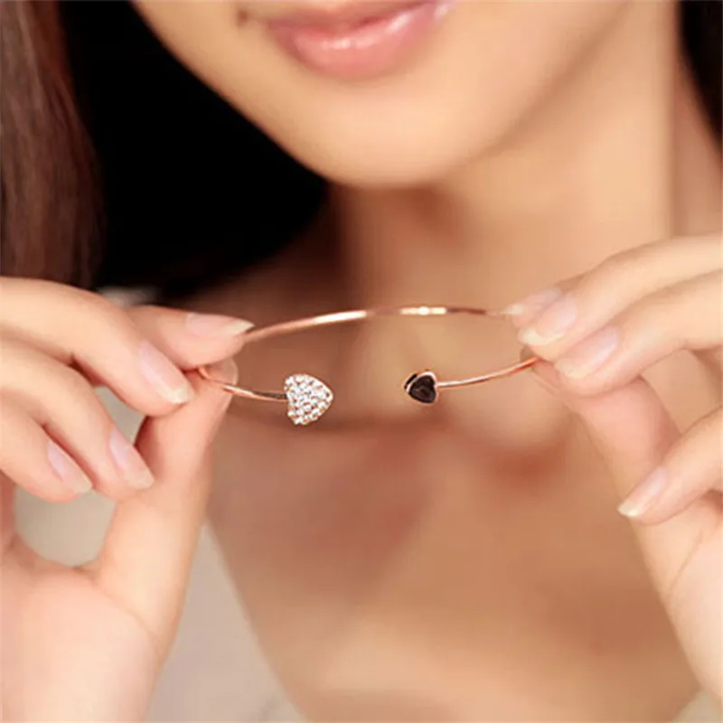Bracelet Jewelry Fashion Adjustable Crystal Double Heart Bow Bilezik Cuff Opening Bracelet For Women Jewelry Gift Mujer Pulseras