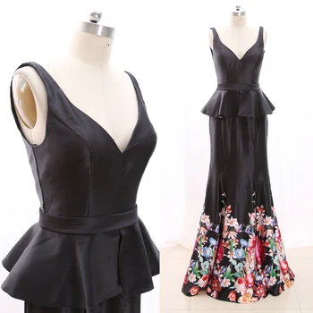 

MACloth Black Sheath V Neck Floor-Length Long Satin Prom Dresses Dress L 268584 Clearance