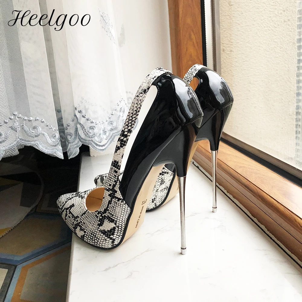

Женские туфли-лодочки на шпильках Heelgoo с тиснением под змеиную кожу, с острым носком, сексуальные женские клубные туфли на высоком металлическом каблуке 16 см для вечевечерние