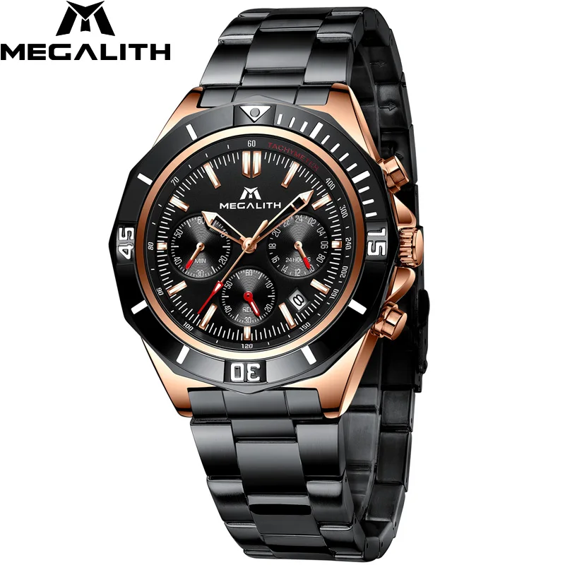 steel rosegold Новые мужские s часы MEGALITH лучший бренд Роскошные водонепроницаемые часы из нержавеющей стали светящийся хронограф кварцевые мужские часы Relogio Masculino - Цвет: steel rosegold
