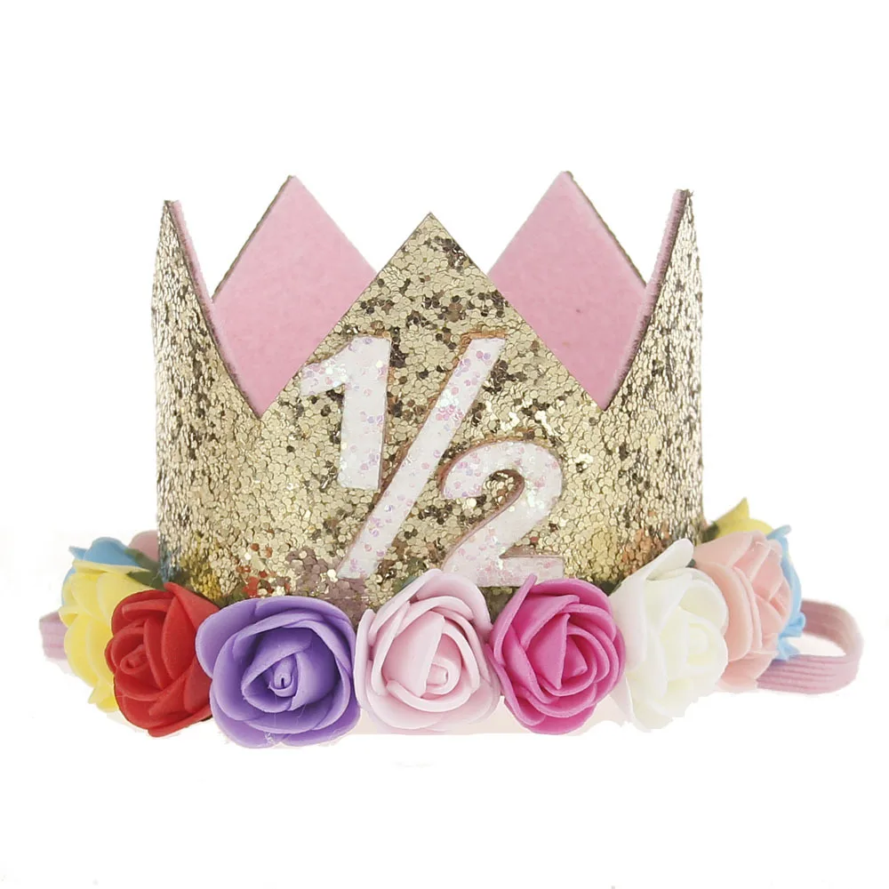 Вечерние Шапки декоративная крышка на возраст 1, 2, 3, шапки ко дню рождения с цветочным рисунком Милые шляпки короны для детей ободок для дня рождения 1 год на день рождения украшения - Цвет: Half year B