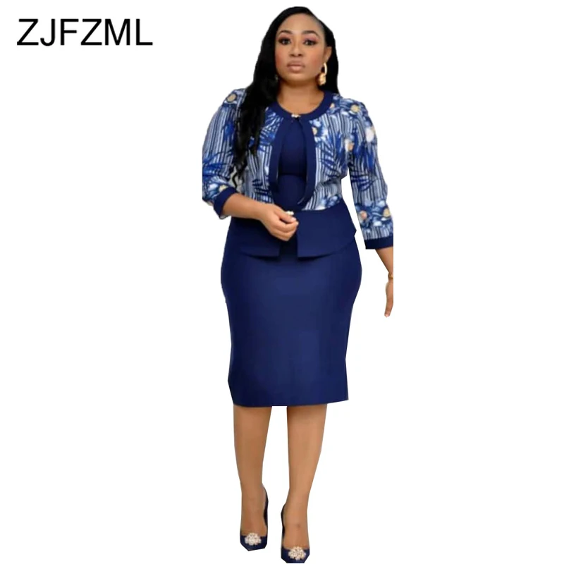 

Printed Plus Size 2 Piece Matching Sets Women Sleeveless Solid Bodycon Midi Office Dress + Button Long Sleeve Coat Fall Outfits
