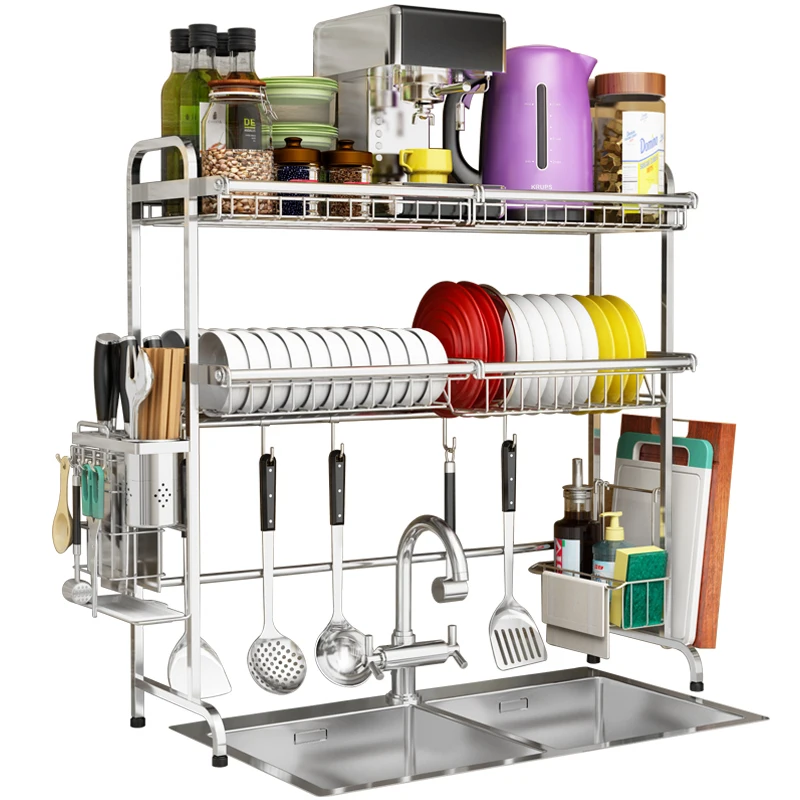 

304 stainless steel sink airing bowl rack leachate rack kitchen shelf 2 storey articles receiving sink dish rack