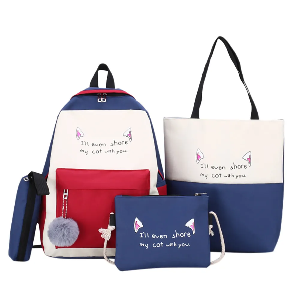 

4 pcs Women's 2019 New Four-Piece Cute Student Simple Backpack Set Tote Bag Pencil Case sac a dos femme Hairball bags