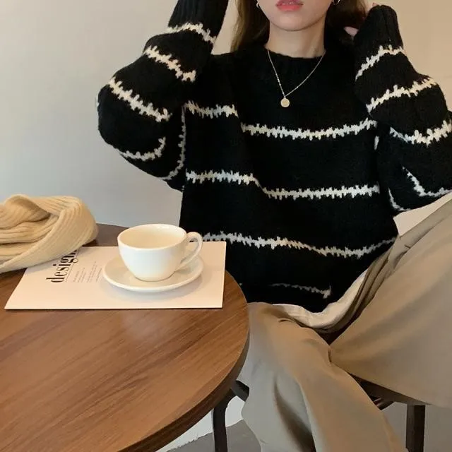 Suéter grueso y cálido con rayas para mujer, jersey de otoño e invierno de manga larga, holgado, con cuello alto, ropa informal para mujer_voghion.com