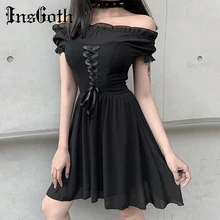 InsGoth, элегантные вечерние мини-платья с открытыми плечами, женское черное Сетчатое шифоновое облегающее платье, Готическая уличная мода, сексуальное платье
