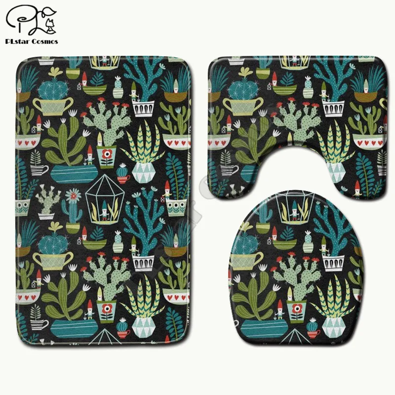 Cactus pattern funny 3D printed Bathroom Pedestal Rug Lid Toilet Cover Bath Mat Set drop shipping style-3 | Дом и сад