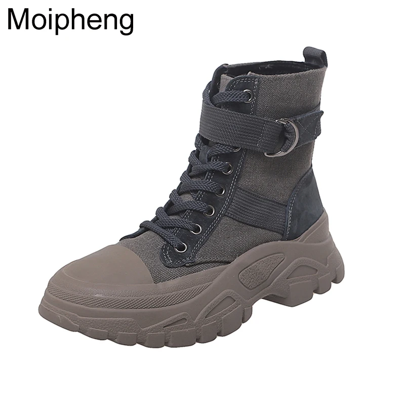 

Moipheng Autumn Winter Boots Women 2019 Cool Girls Canvas Boots Ankle Boots for Women Casual Beige Lace-Up Botas Mujer Booties