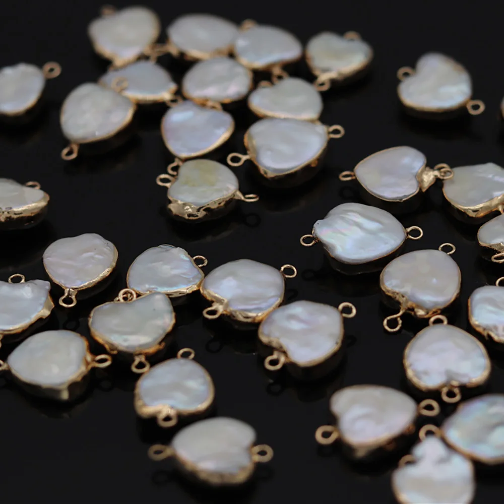 5pcs Natural Freshwater Pearl Heart Shape Connector Pendants Double Hole White for Necklace Bracelet Jewelry Making DIY 15x15mm