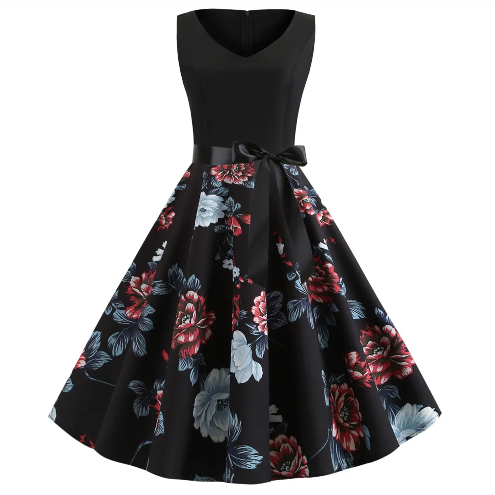 

Joineles Floral Print Summer Women Dress 60s Audrey Hepburn Vintage Dress V Neck Sleeveless Party Vestidos Rockabilly Dress Robe