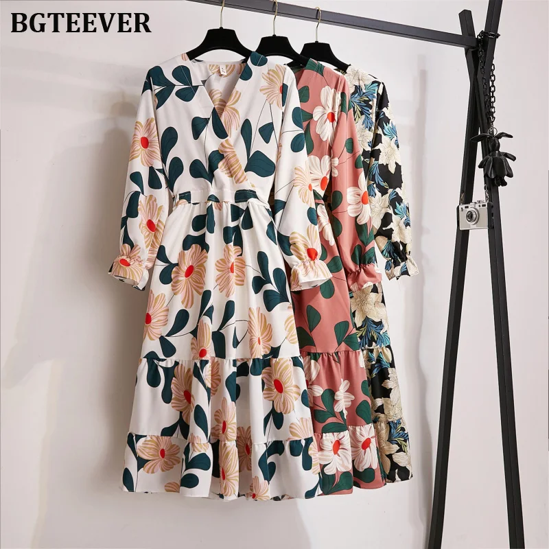 

BGTEEVER A-line Multicolor Elastic Waist Flower Print Women Dress 2019 Autumn V Neck Fit and Flare Female Maxi Dress Vestidos