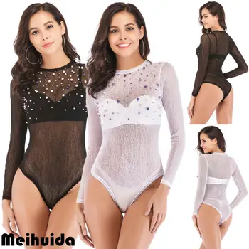 

2020 Womens Sexy Bodysuit Turtleneck Long Sleeve Bodysuits Leotard Body Tops Pearl Sheer Mesh Transparent Jumpsuits Rompers