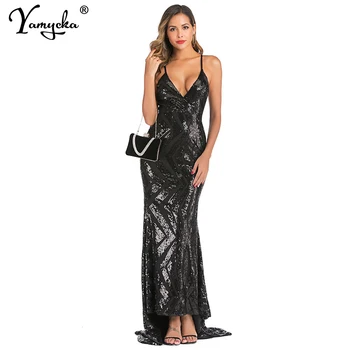 

Sexy Sleeveless sequin long dress Women high slit spaghetti strap dresses V neck club party dress Maxi black vestidos 2020 new