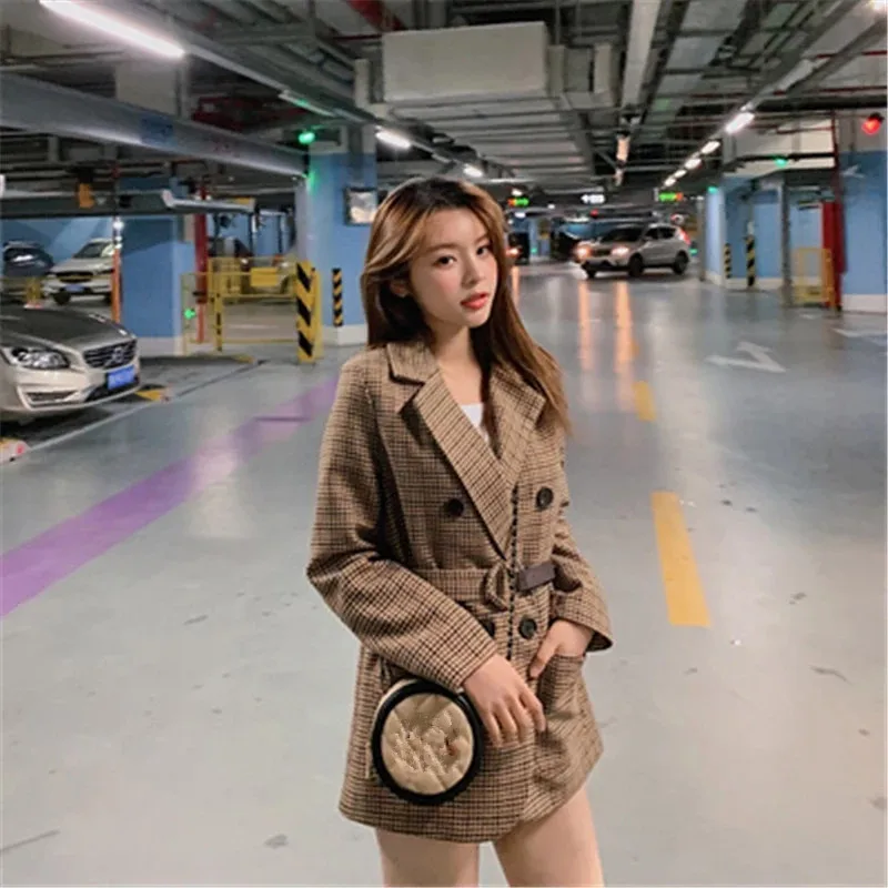 Fashion Double Breasted Office Women Plaid Blazer With Belt Long Sleeve Houndstooth Blazer Suits Coats Female Slim Jacket Coat