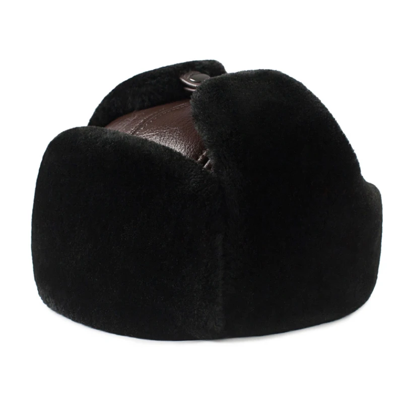 waterproof bomber hat Male Winter Warm Ear Protection Bomber Hat Man Genuine Leather Faux Fur Military Cap Inside Black Brown 55-60cm Flat Roof Caps sheepskin flying hat