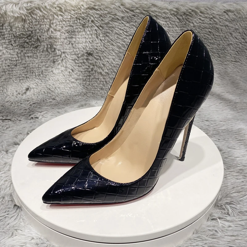 

Grid pattern black pointed toe 12cm 10cm 8cm high thin heel work party shallow classic elegant slip on lady pumps QP124 ROVICIYA