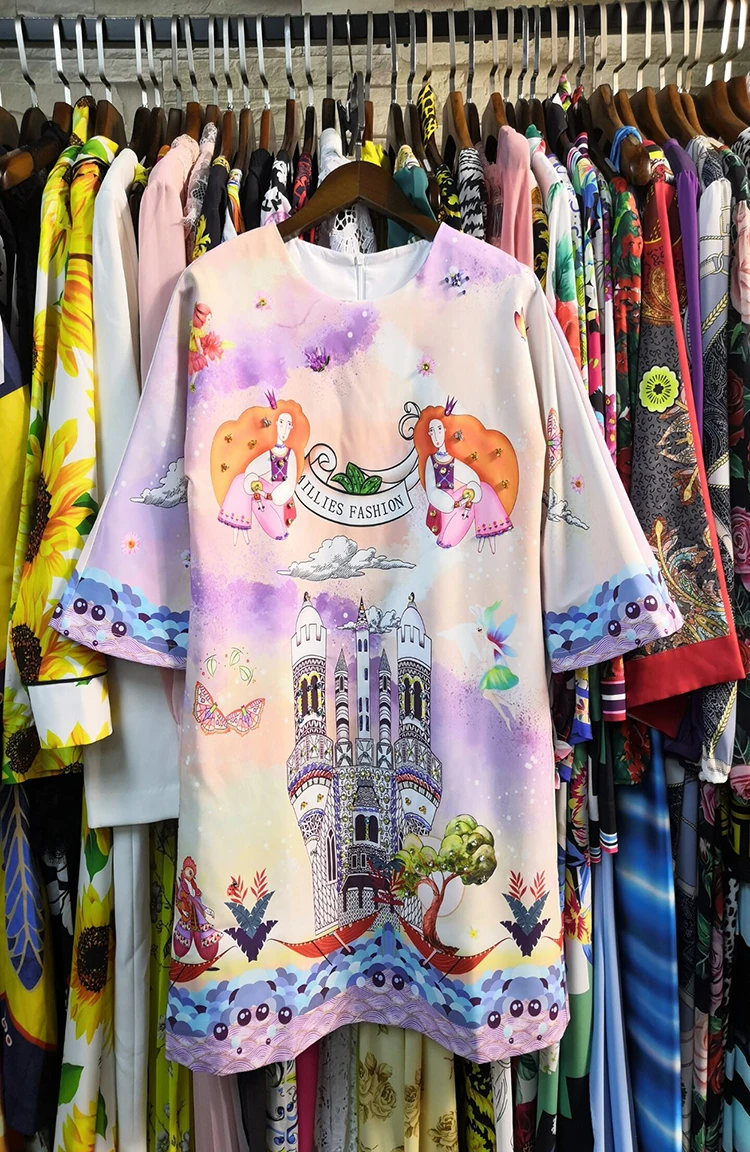 AELESEEN New Arrival Sweet Lady Straight Dresses Women Luxury Beading& Diamonds Elegant Fairy Tale Castle Print Mini Dress