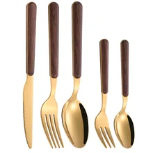 

5Pcs Flatware Set, Tableware Wooden Handle Mirror Dinnerware Kitchen Tableware Steel Cutlery Set Fork Spoon Knife Set Household