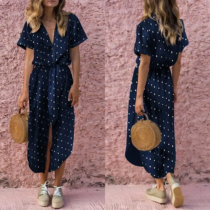 

LEH Dress Womens Sexy Casual Daily Bow Tie V Neck Dot Button Dress Short Sleeve Soild Long Dress Women 2018aug14