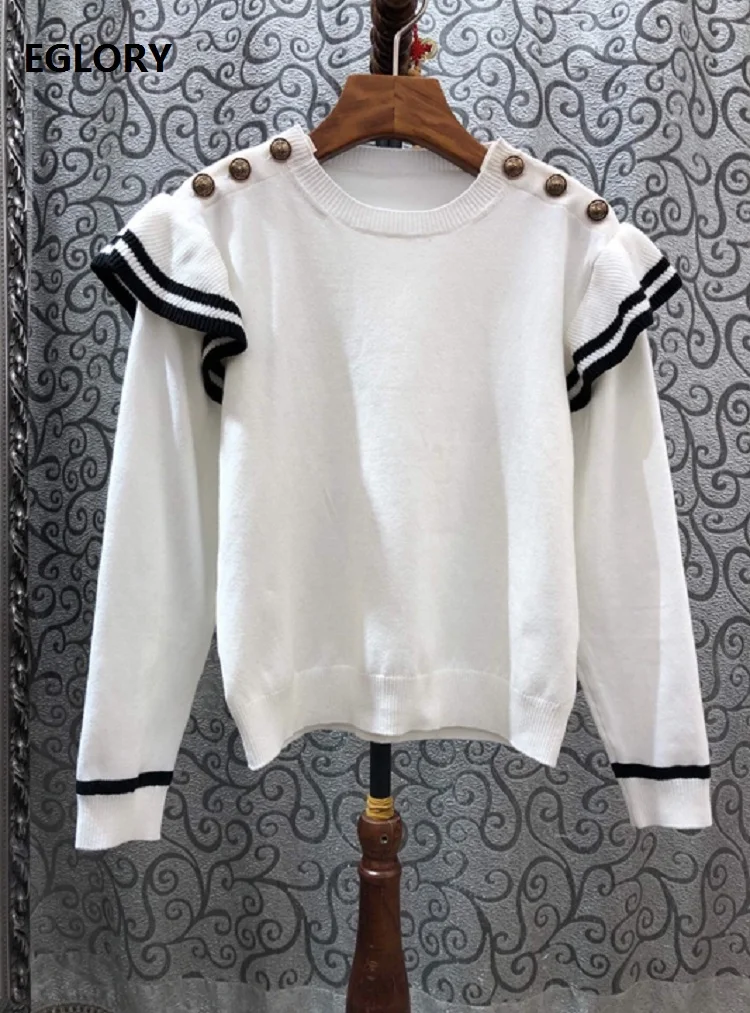 High Quality Sweaters 2020 Spring Fashion Pullovers Women Cotton Knitted Ruffle Patchwork Golden Button Deco White Blue Jumper | Женская