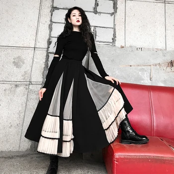 

TIYIHAILEY Free Shipping Guaze Patchwork Pleated Long Mid-calf Skirts Women Spring Autumn Ladies Skirts S-XL Elastic High Waist