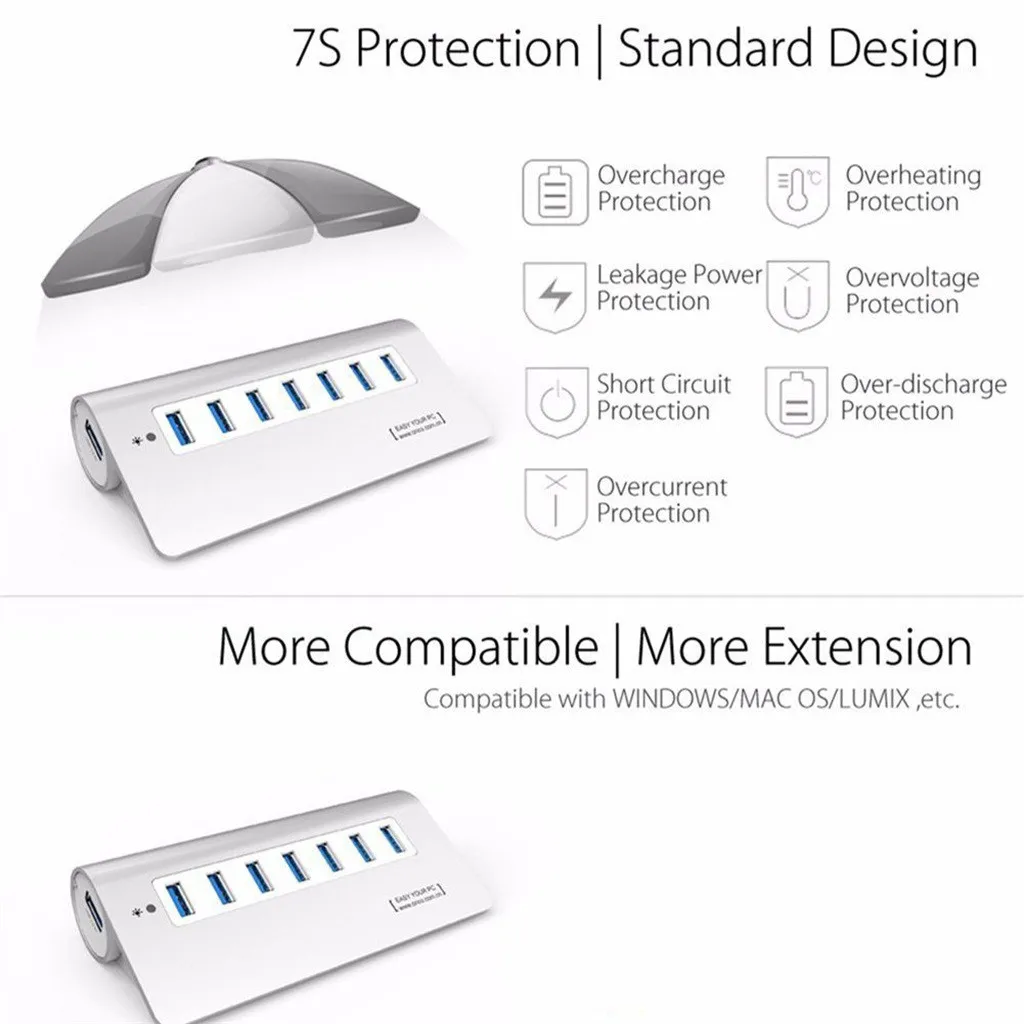 Usb-хаб 3,0 7-Порты и разъёмы Multi HUB Алюминий адаптер с высокой мощности, Скорость для ПК ноутбука Mac с USB3.0 кабель 809#2