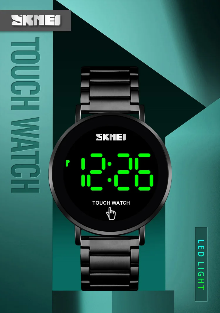 SKMEI Men Quartz Watch Touch Screen LED Light Display Fashion Digital Watch 3bar Waterproof Stainless Steel Strap Montre Homme