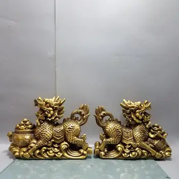 

12" China Lucky Seikos Brass Cornucopia Unicorn Statue Unicorn statue Kirin Embraces Cornucopia A pair Ward off evil spirits