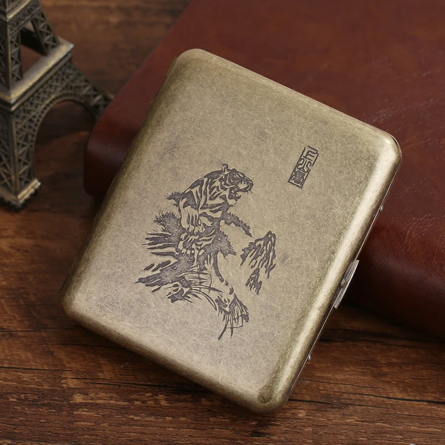 20 Sticks Black Matte Frosted Stainless Steel Metal Cigarette Case For Man Pocket Smoking Box With Gift Box Smoking Accessories Tiger
