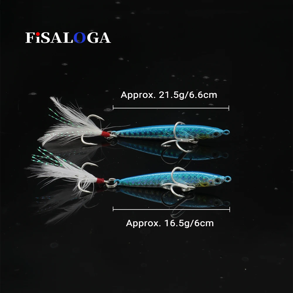 Metal Jigs Pilker Lures 16.5g 21.5g Lead Baits Feather Fishing Slow Jigging FiSALOGA Tuna Trout Gift Bar Lure 2 VMC Treble Hooks