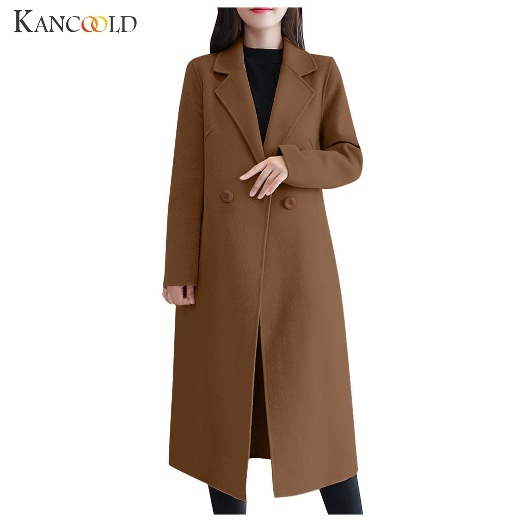 Женское длинное однобортное пальто KANCOOLD Однотонное шерстяное S 3XL 4 цвета зима