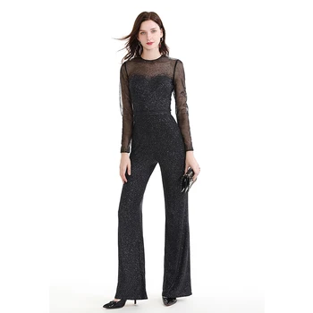 

2019 New Wide Leg Bodysuit Evening Dress Women Black Long Sleeve Tulle Casual Elastic Elegant Cool Jumpsuit Evening Dress Female