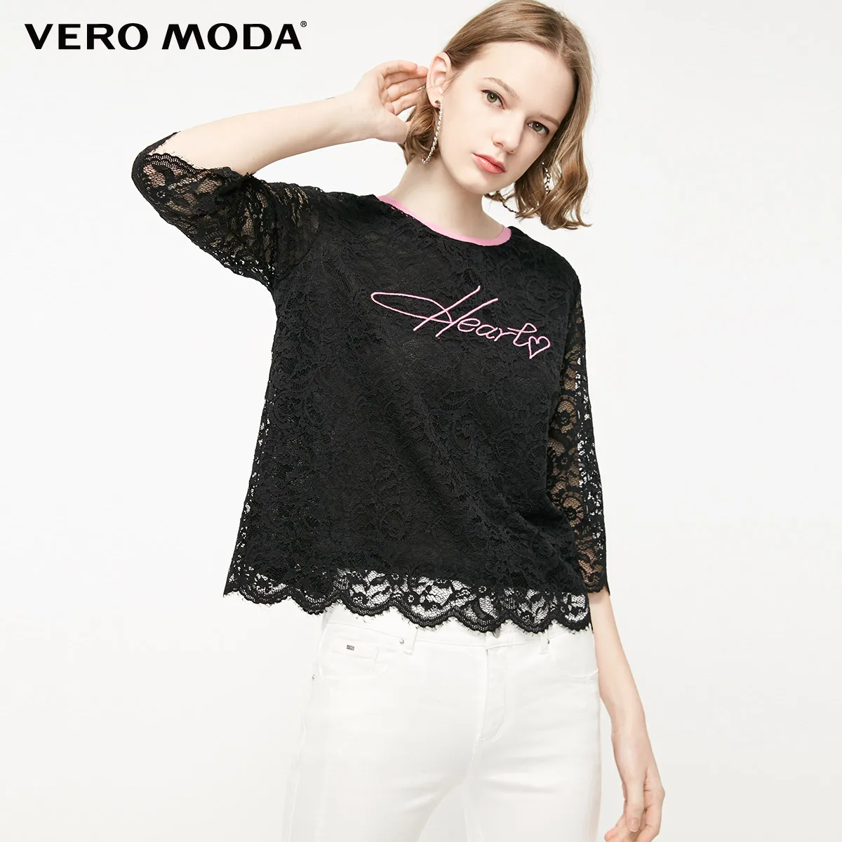 Vero Moda Женская Кружевная футболка с круглым вырезом 3/4 рукавами | 319130512 - Цвет: Black