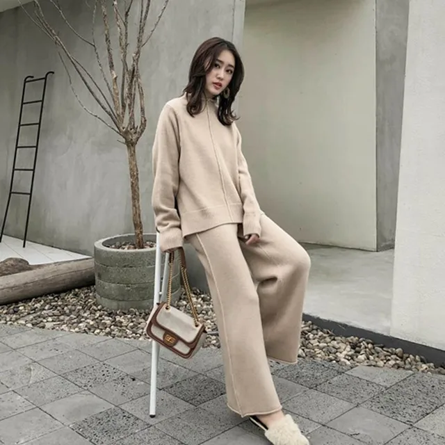 US $25.95 Knitting Female Sweater Pantsuit For Women Two Piece Set Knitted Pullover V-neck Long SleeveTop Wid