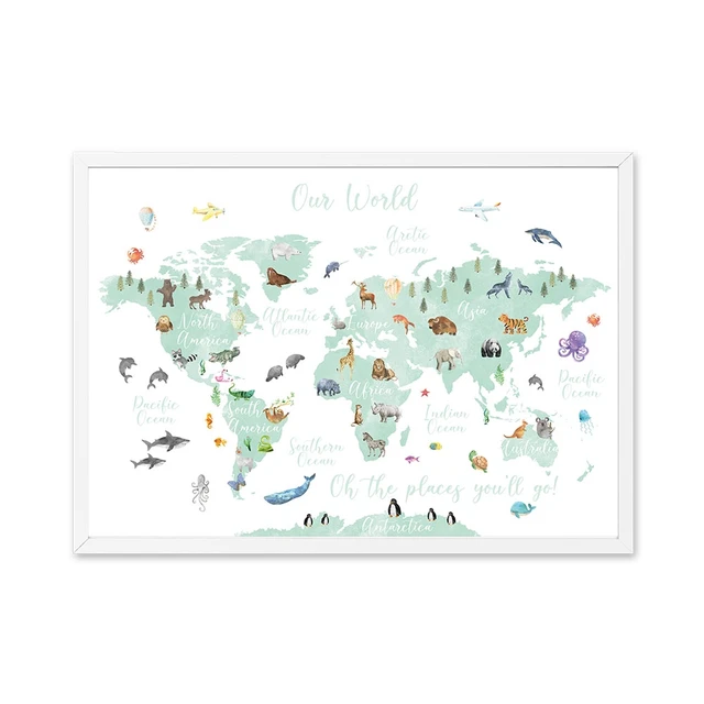 Educational Animal World Map Picture Children Poster Nursery Wall Art Canvas Print Painting Baby Kid Bedroom Playroom Home Decor d