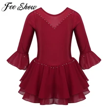 Блестящие стразы на сетчатой основе для девочек-подростков; гимнастические трико с расклешенными рукавами; одежда для балета; платье для фигурного катания