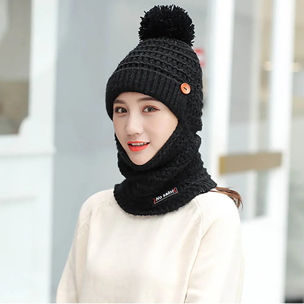 

Winter Knitted Hat for Women Earmuffs Knit Hat Scarf with Hairball Warm Windproof Female Hats Cap Beanie
