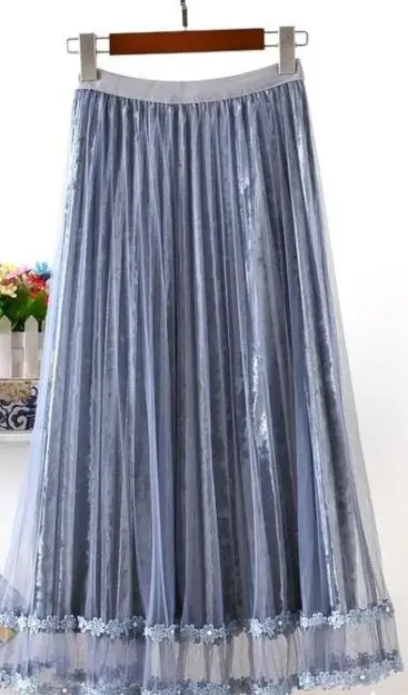 Gold Velvet High Waist Pleated Skirt Mesh Tulle Lace Stitching Sequin Bead Plus Size Two-tiered black Long Skirts women Clothes - Цвет: 855blue