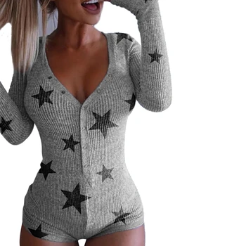 

Womens Star pattern Pajamas Cute Deep V-Neck Long Sleeve Sleepwear Female Knitted Buttons/ Lace Up Tie Straps Rompers Homewear
