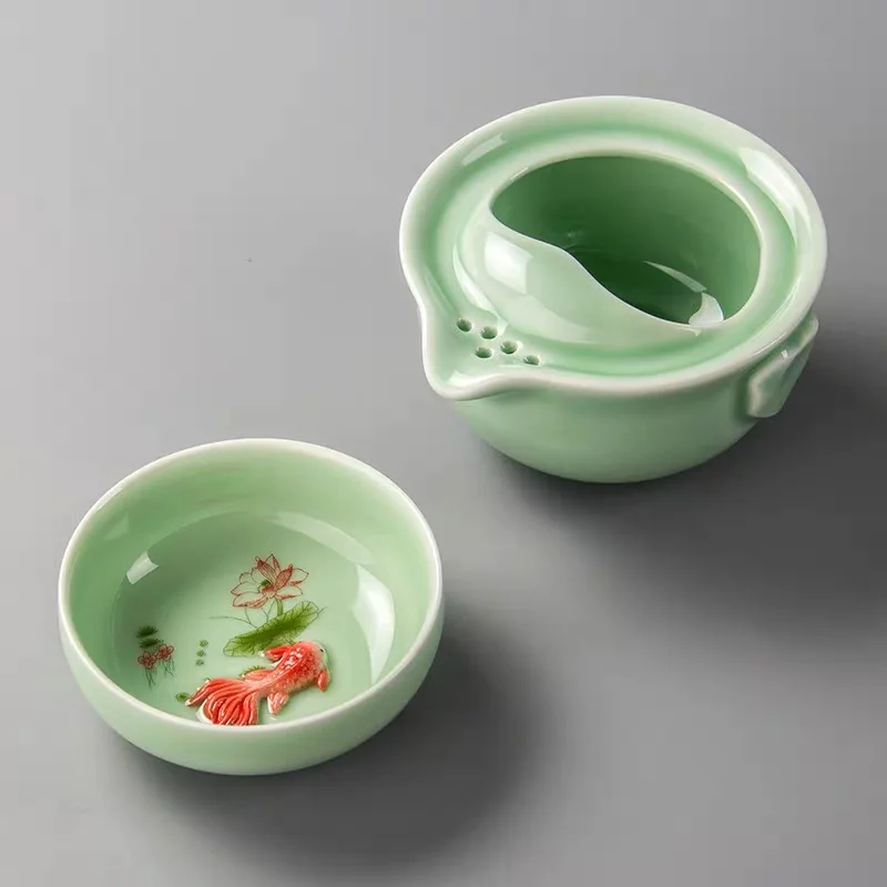 Высококачественная портативная посуда для напитков Gaiwan Celadon 3D карпа путешествий