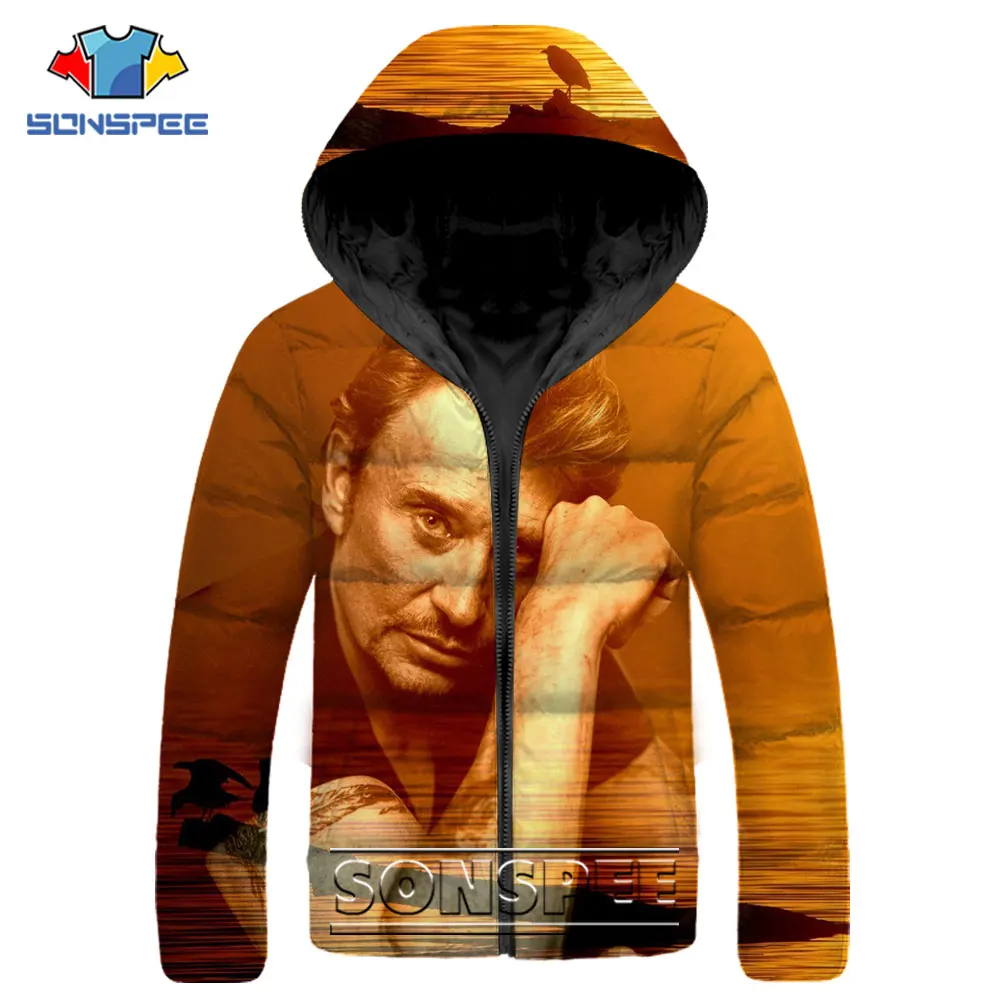 SONSPEE Casual Hip Hop Parkas 3D Print France Singer Johnny Hallyday Down Jacket Winter Loose Keep Warm Streetwear Men's Coats